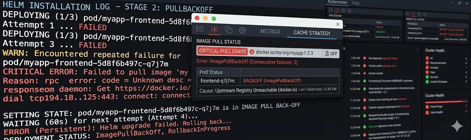Eine Terminal-Oberfläche, die einen fehlgeschlagenen Kubernetes-Deployment zeigt.